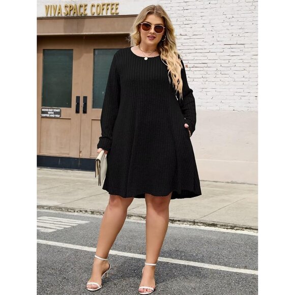 Plus Size Sweater Dress Soft Stretch Fall Winter Casual with Pockets - Picture 3 of 7
